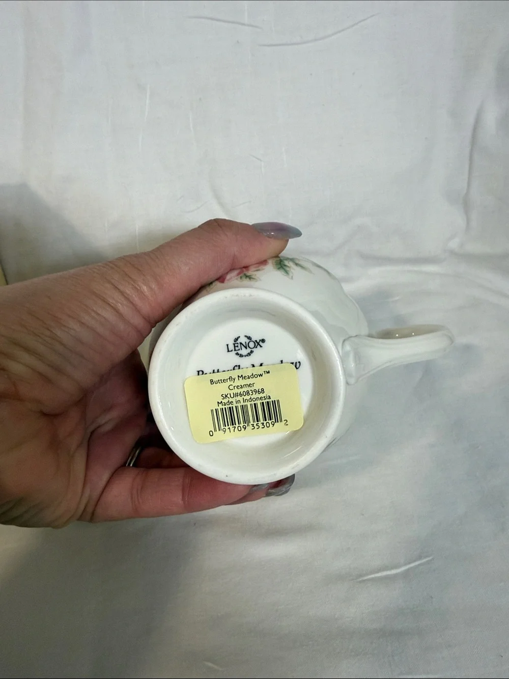 Lenox Butterfly Meadow Porcelain Creamer in White with Yellow and Pink